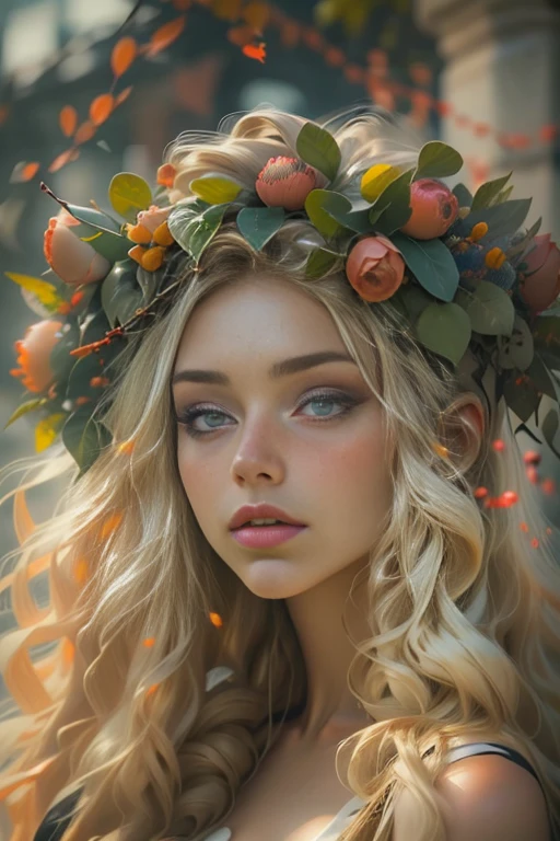 ultra high resolution, highest quality, photograph, 4K, (realistic:1.4), Girl with a wreath on her head, long blonde hair