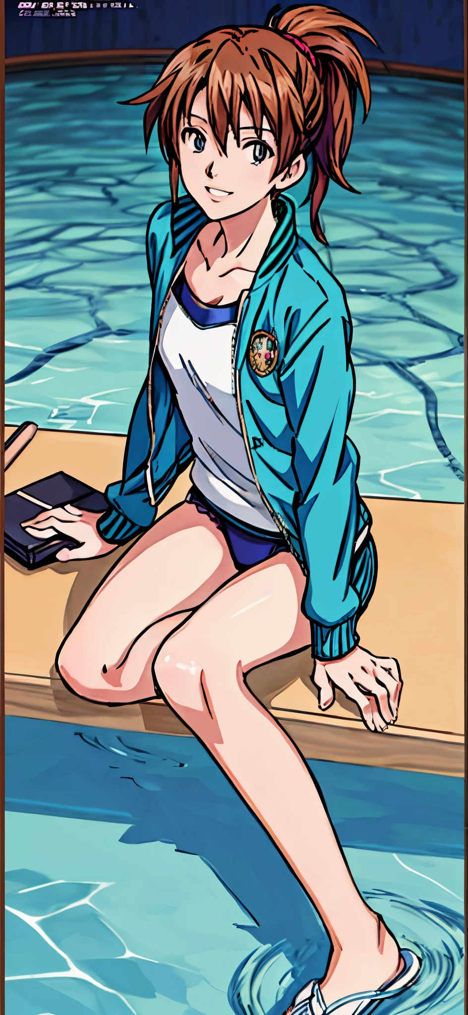 (highest quality,4K,8K,High resolution,table top:1.2), Super detailed, (realistic,photorealistic,photo-realistic:1.37), beautiful girl, (grin and laugh),((caramel hair color)),((medium long hair)),((ponytail hairstyle)), ((messy hair)),((hair covers eyes)),((Jersey jacket))((swimming wear)),espadrilles,beautiful and detailed eyes, beautiful detailed lips, highly detailed eyes and face, long eyelashes, realistic anime 3D style, Smooth anime CG art, Digital rendering by Makoto Shinkai, Moe anime art style, photorealistic rendering of an anime girl, Shinkai Makoto style, Cute anime girl visuals, realistic young anime girl, girl fan art, Created by Anime Artist'studio of.