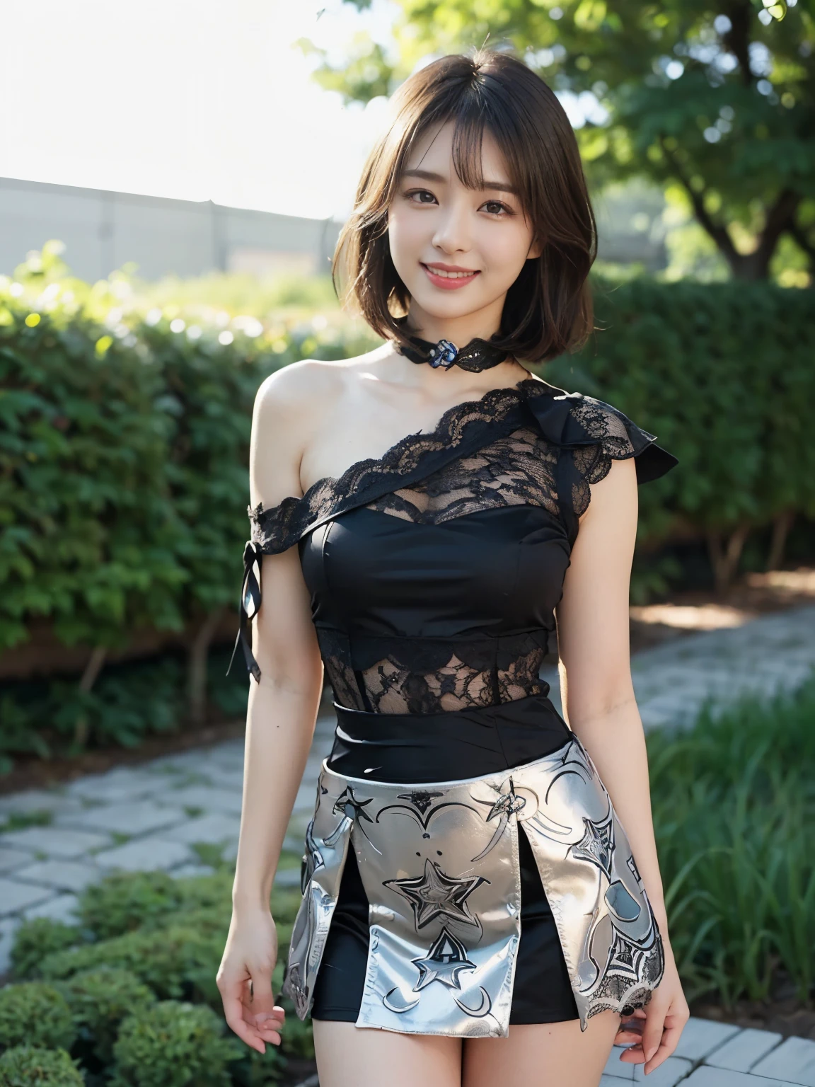 ((((highest quality))))、(((Ultra-precision CG16K wallpaper)))、(((masterpiece)))、(((Super detailed)))、(((super extreme details)))、1people's women、mature woman、25 year old woman、((Japanese face))、((very beautiful face))、((NHK Announcer、Yurika Kawaguchi:1.5))、((straight long bob hair:1.3))、(shiny hair)、bangs up to eyebrows、beautiful brown hair、beautiful delicate eyes、brown eyes、C-shaped eyebrows、high nose、small nostrils、small mouth、seductive lips、mouth slightly open、beautiful breasts、C cup size breasts、plump body、perfect proportions、perfect anatomy、perfect composition、beautiful detailed shading、beautiful natural lighting、beautiful detail glow、Depth of bounds written、(((High chroma)))、(((real:1.9)))、((vivid:1.4))、((beautiful skin))、((skin texture))、((realな皮膚感))、(((cowboy shot:1.5)))、((Angle seen from the front:1.5))、((smile:1.4))、(Eyes looking at me:1.3)、bright sunshine、(((garden:1.3)))、(standing pose:1.5)、(((Black shoulder cut lace dress、Flared Mini Skirt:1.5)))、(((choker clothing)))、
