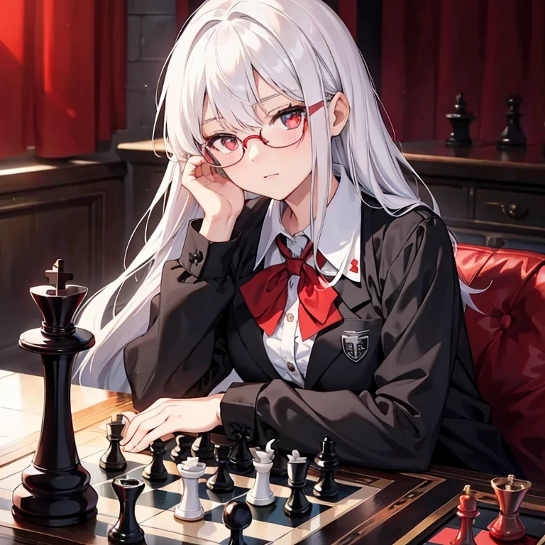 ，white hair，red pupils，Glasses，Black school outfit，chess