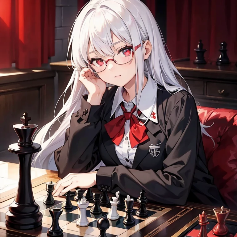 -yeld giwhite hair,red pupils,Glasses,Black school outfit,chess
