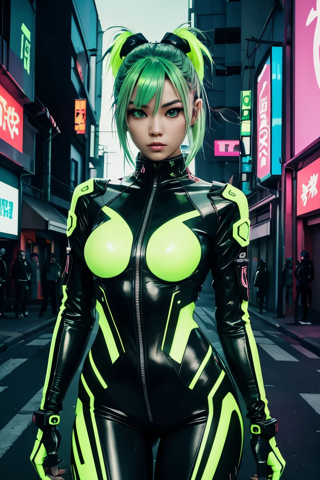 cyber woman in a black and green suit posing on a ledge, bright cyberpunk glow, cyber suit, cybersuit, oppai cyberpunk, cyberpunk anime girl latex, anime cyberpunk art, cybersuits, digital cyberpunk anime art, cyberpunk anime girl, female cyberpunk anime girl, neon latex, cyberpunk suit, cyberpunk girl, cyberpunk anime art, digital cyberpunk - anime art, cyberpunk bodysuit