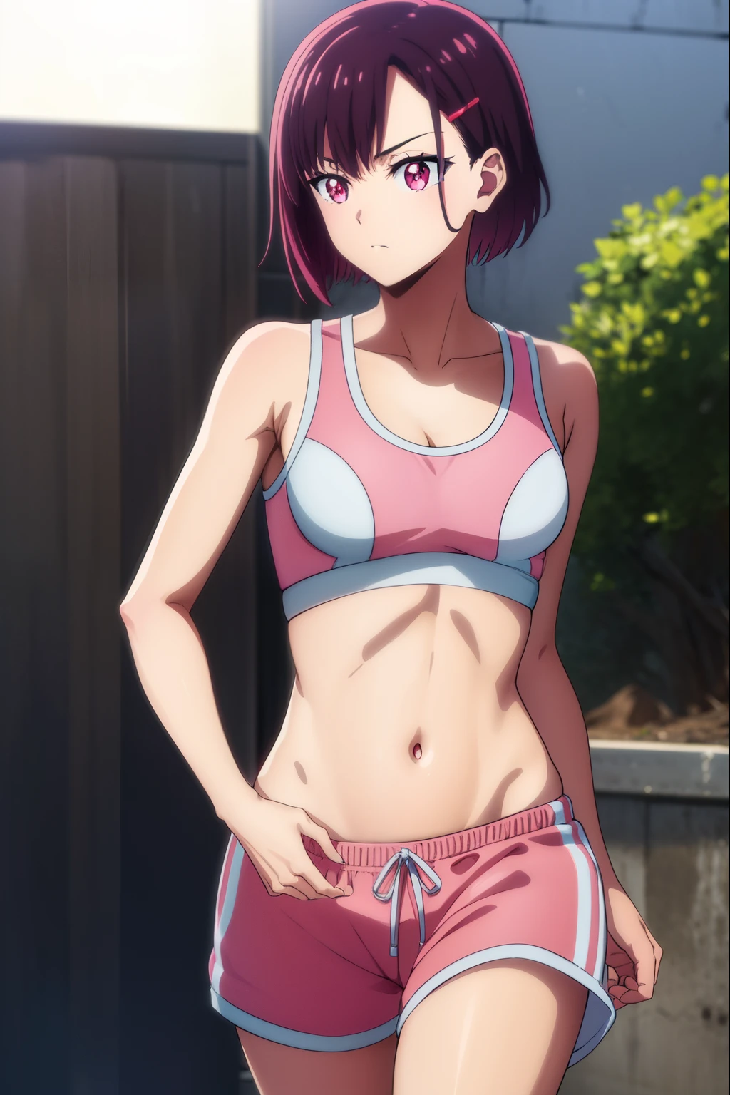 shizukamikazuki, shizuka mikazuki, short hair, purple hair, hair ornament, hairclip, (pink eyes:1.5), swept bangs,
BREAK navel, sports bra, sportswear, shorts, pink shorts,
BREAK looking at viewer,
BREAK outdoors,
BREAK (masterpiece:1.2), best quality, high resolution, unity 8k wallpaper, (illustration:0.8), (beautiful detailed eyes:1.6), extremely detailed face, perfect lighting, extremely detailed CG, (perfect hands, perfect anatomy),