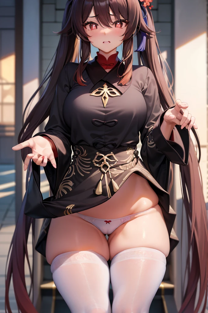 Hu tao, hutao, only wearing panties, hair between eye, Hair intake, twintails, Long hair, (hutao Eyes:1.5), (huge breasts;1.4), two side up, brown hair, Big breasts, topless, nipples, looking at viewer, (masterpiece:1.2), Best Quality, High resolution, Unity 8k壁纸, (Illustration:0.8), (Beautiful detailed eyes:1.6), extra detailed face, Perfect Lighting, extremely details CG, (Perfect hands, Perfect Anatomy),、Stand on the escalator, (By up escalator), (lower body shot), Thigh Focus, (Taken from the bottom 1.3), (white  panties:1.3), embarrassed, Blushing, wobbly mouth, (excited), Looking at Viewer, Outside, Panties, Sexy, (thick thighs:1.7), wide hips