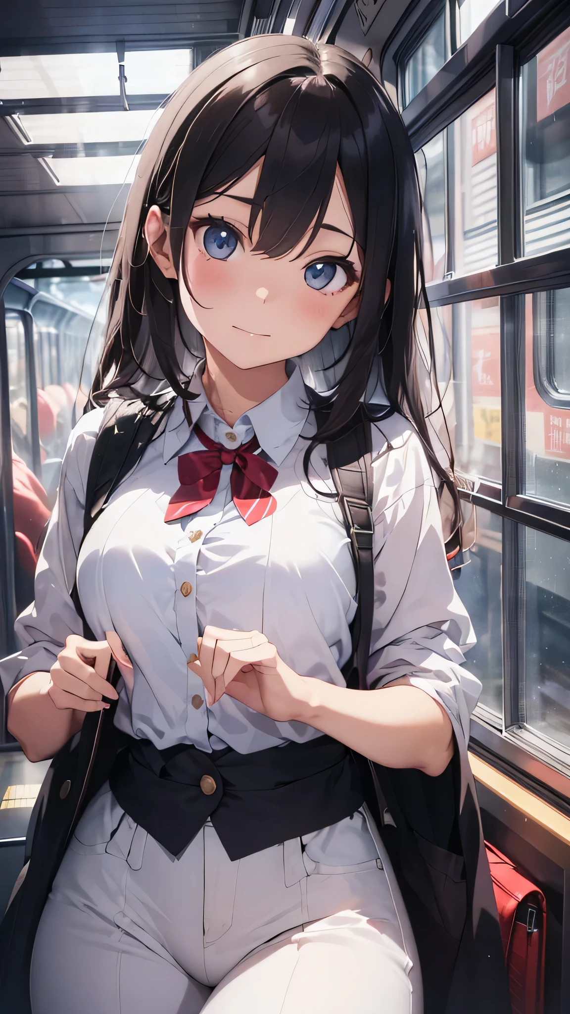 最high quality、best image quality、masterpiece、teenage girl((18-year-old、 By becoming、vest bust、medium bust,wide open breast tea、black eye, gray hair、long hair、thin,highest valley、black shirt、blue cloak、red pants)),high quality、beautiful art、background((in the train))debris flies、Depth of written boundary、movie、visual art、perfect art、8K,genuine