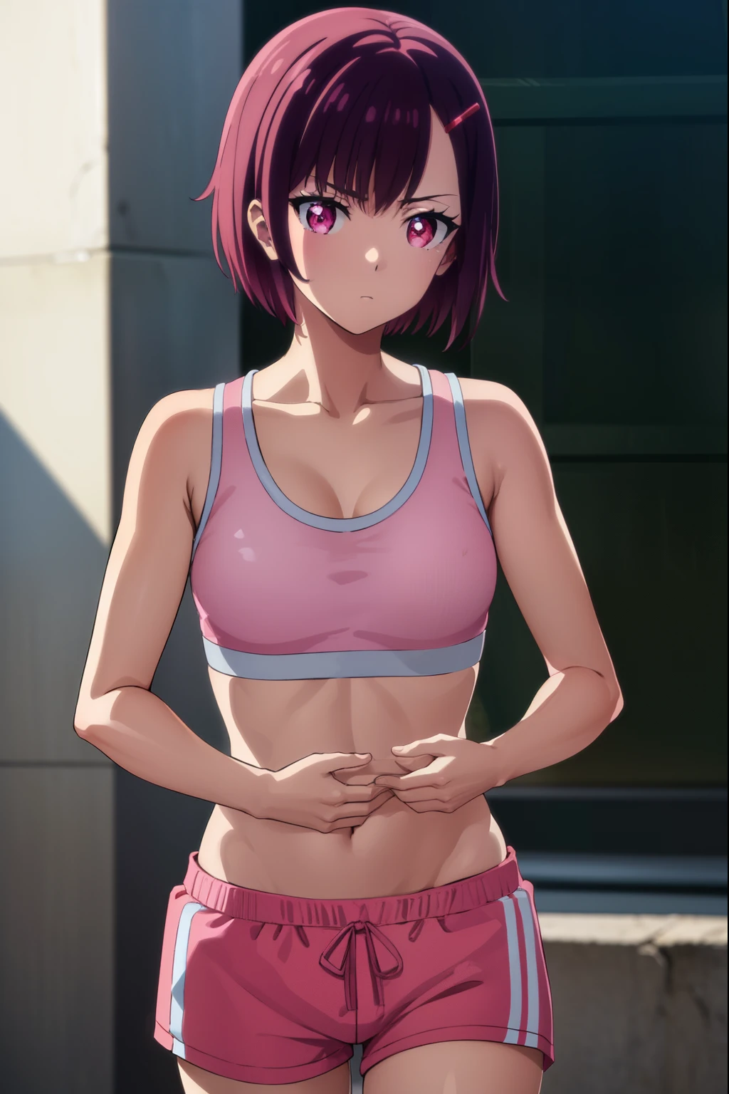 shizukamikazuki, shizuka mikazuki, short hair, purple hair, hair ornament, hairclip, (pink eyes:1.5), swept bangs,
BREAK navel, sports bra, sportswear, shorts, pink shorts,
BREAK looking at viewer,
BREAK outdoors,
BREAK (masterpiece:1.2), best quality, high resolution, unity 8k wallpaper, (illustration:0.8), (beautiful detailed eyes:1.6), extremely detailed face, perfect lighting, extremely detailed CG, (perfect hands, perfect anatomy),