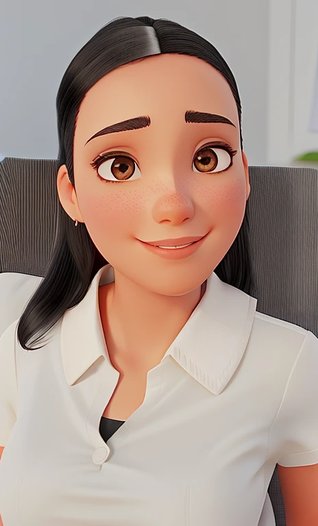 Woman, straight black hair, formal wear in an office