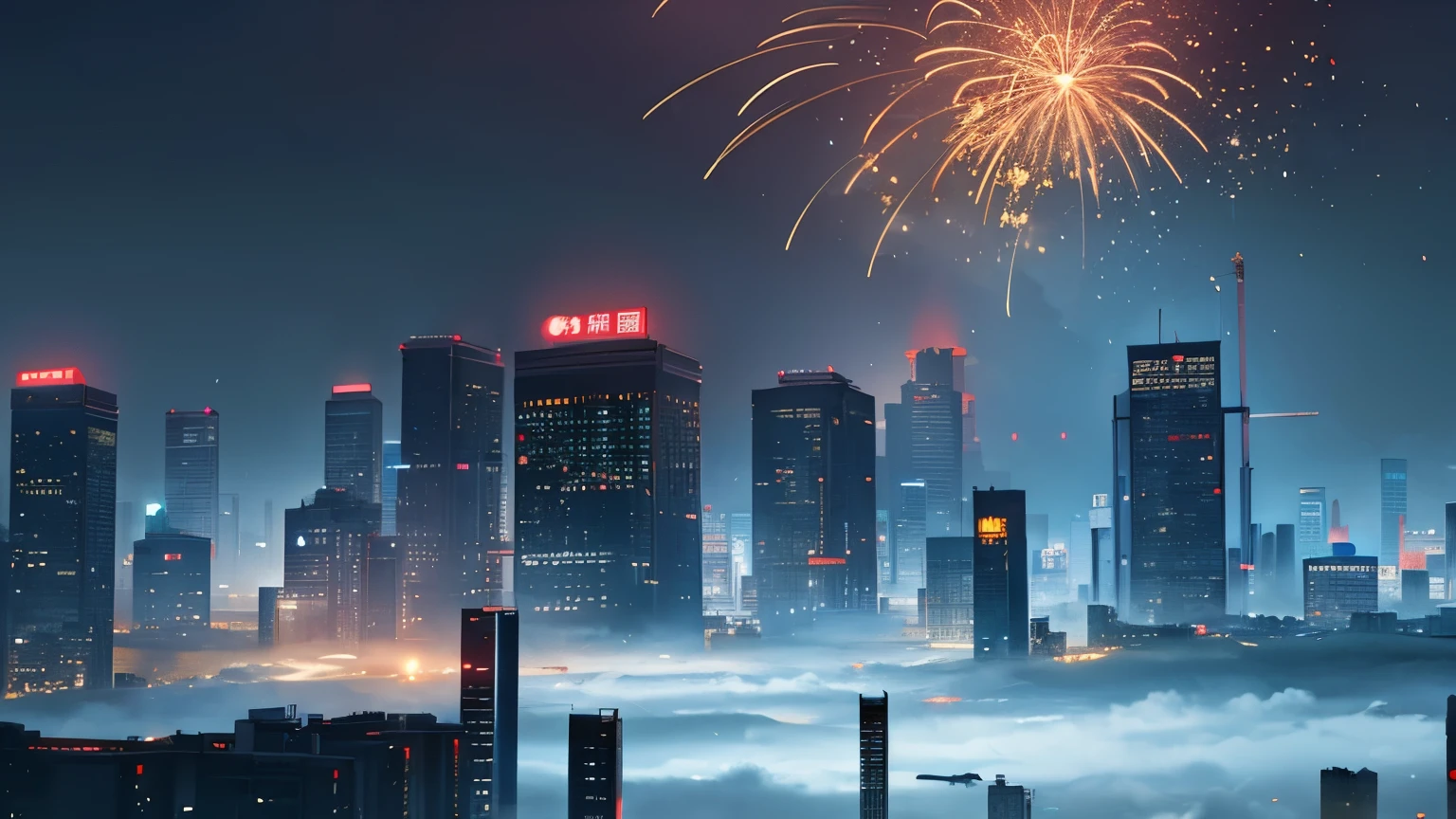 landscape pictures,cyberpunk,Chinese style,New Year,lantern,fireworks,high-rise buildings,night sky,Sky,Dense fog,bird watching,Chinese architecture