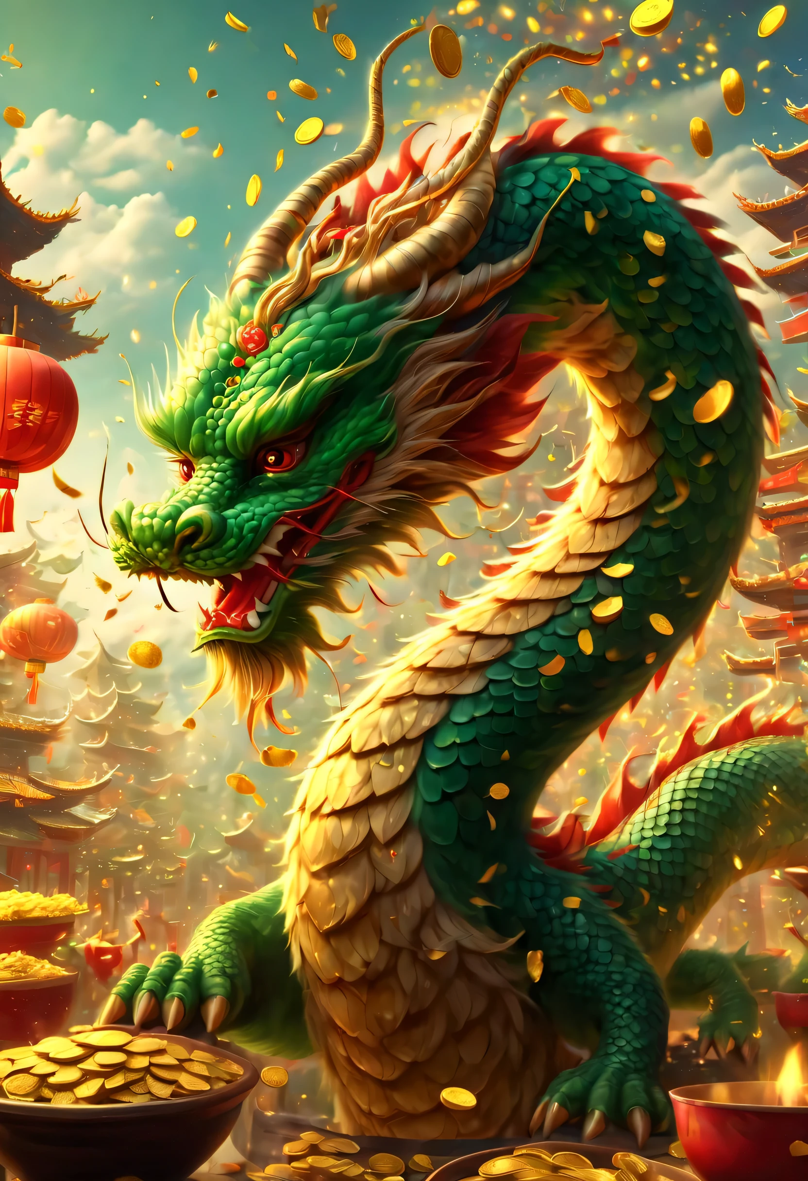 Chinese Lunar New Year has arrived，Oriental dragon close-up，big furry head，hairy body，green，color。There are many gold coins in the air，Red and gold confetti flying in the sky，Gold coin rain，A strong festive atmosphere，It was very lively。symmetry