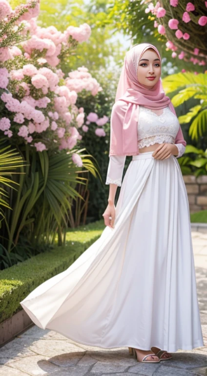 ,RAW, Best quality, high resolution, Masterpiece: 1.3), Beautiful Malay woman in hijab, Masterpiece, Perfect slim body, ((Big breasts)), Beautiful big eyes, Soft smile,Malay woman in hijap a white dress with small floral motifs and a pink shawl, wearing a white hijab, wearing beautiful long clothes, wearing a long flowing cloth, white and pink, white silk clothes, white and light pink clothes, big breasts, wearing white clothes long skirt, wearing elegant clothes, malay beauty, beautiful malay woman, wearing sexy dress top, sultry body with sexy belly, white high heels, morning time, laughing, happy, bright sunlight, flower garden path, blurred background, bokeh