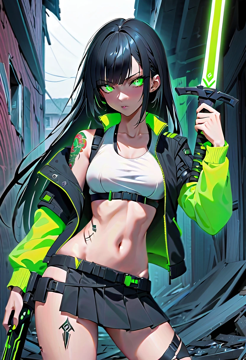 1 girl, solo, long_hair, bangs_between_the_eyes black_hair_with_strands_green, bi_color_ green_neon eyes, sexy_face, sword_in_hand, Playing_sword_with_your_hands, cyberpunk_clothes, short_jacket, navel appears, short_skirt, scarred_legs, left_arm_band, tattoo_above_navel_background_of_abandoned_house_red, manga_style_image .