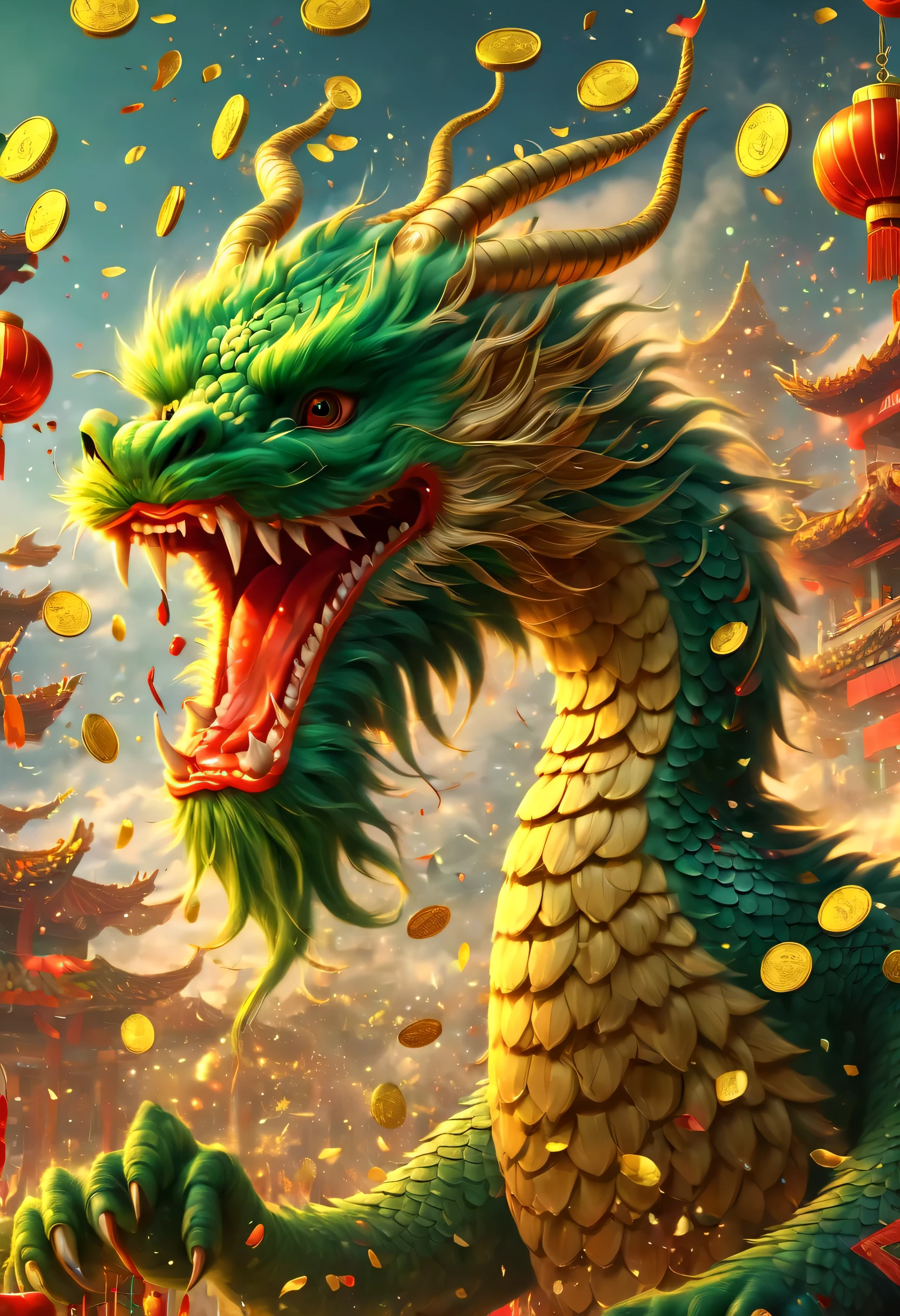 Chinese Lunar New Year has arrived，Oriental dragon close-up，big furry head，hairy body，green，color。There are many gold coins in the air，Red and gold confetti flying in the sky，Gold coin rain，A strong festive atmosphere，It was very lively。symmetry