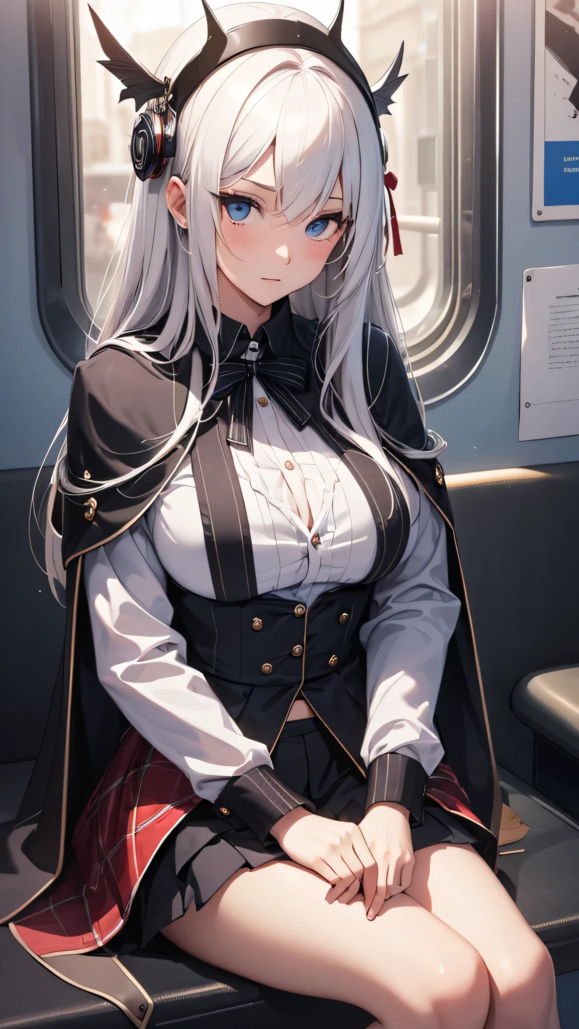 最high quality、best image quality、masterpiece、teenage girl((18-year-old、 By becoming、vest bust、medium bust,wide open breast tea、black eye, gray hair、long hair、thin,highest valley、black shirt、blue cloak、red pants)),high quality、beautiful art、background((in the train))debris flies、Depth of written boundary、movie、visual art、perfect art、8K,genuine
