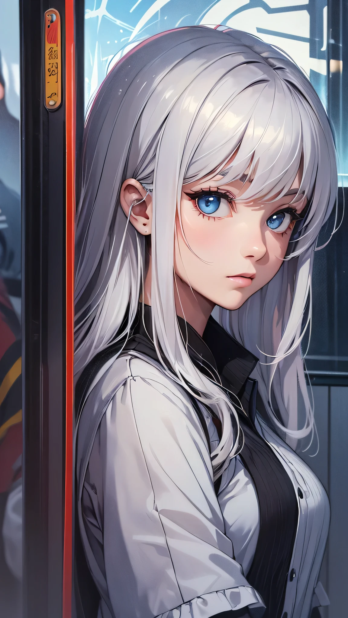 最high quality、best image quality、masterpiece、age girl((18-year-old、 By becoming、vest bust、medium bust,wide open breast tea、black eye, gray hair、long hair、thin,highest valley、black shirt、blue cloak、red pants)),high quality、beautiful art、background((in the train))debris flies、Depth of written boundary、movie、visual art、perfect art、8K,genuine