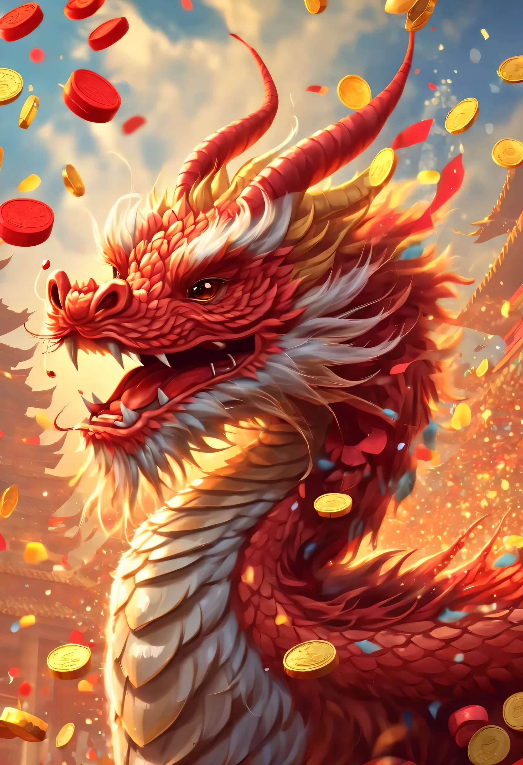 Chinese illustration：Lovely，Oriental dragon portrait，big furry head，hairy body，color。Many gold coins burst out from firecrackers，Red and gold confetti flying in the sky，Gold coin rain，A strong festive atmosphere，It was very lively。