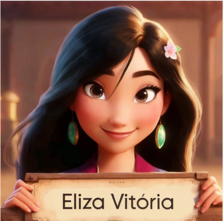 A Disney Pixar princess holding a sign with the name Elisa Vitoria, a small girl with curly hair and light blonde hair color, thick hair smiling