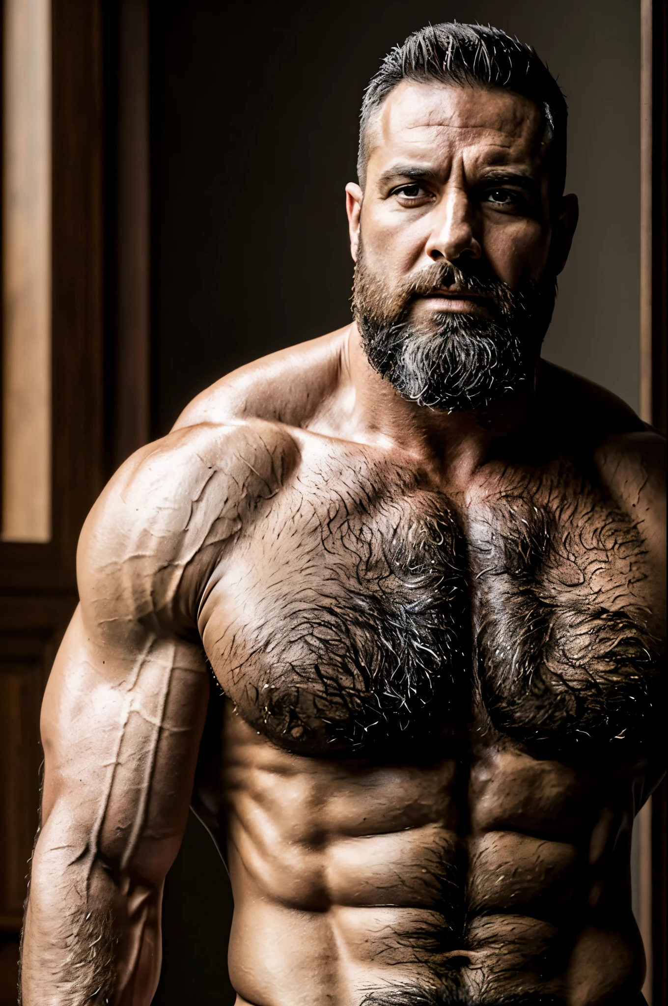 A muscular 40-year-old man portrait, wearing a white T-shirt and being naked, provocative, (best quality, 4k, highres, masterpiece:1.2), ultra-detailed, (realistic, photorealistic:1.37), strong body structure, defined muscles, intense gaze, rugged features, sculpted abs, dramatic lighting, seductive pose, vibrant colors, hiperrealism, 8k, bearded, Masculine.
