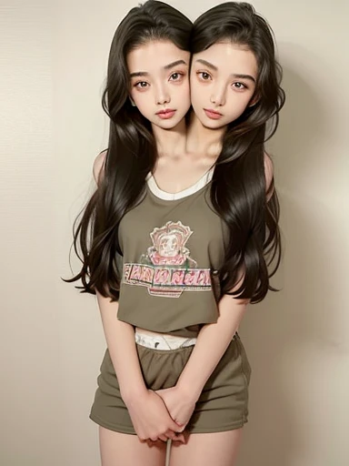 2heads, two headed girl, (14 year old girl:1.5), (female:1.5), (two heads attached to one body:1.4), conjoined twins, heads side by side, one torso, young, uncomfortable, barefoot
