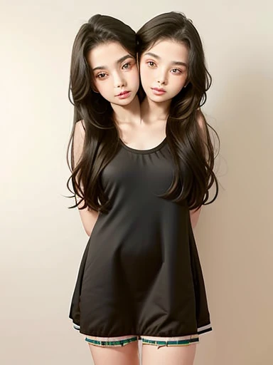 2heads, two headed girl, ( girl:1.5), (female:1.5), (two heads attached to one body:1.4), conjoined twins, heads side by side, one torso, young, uncomfortable, barefoot