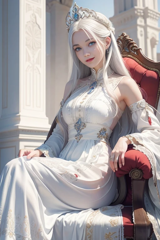 White goddess blue eyes in human shape、beautiful flower of a very attractive age with white lower hair,, a red dress,Smiling inside a magnificent palace made of white stone,Looking back in front of the throne, sitting in the throne, crossing legs with long dress, arrogant face, smirk smile , Victorian dress