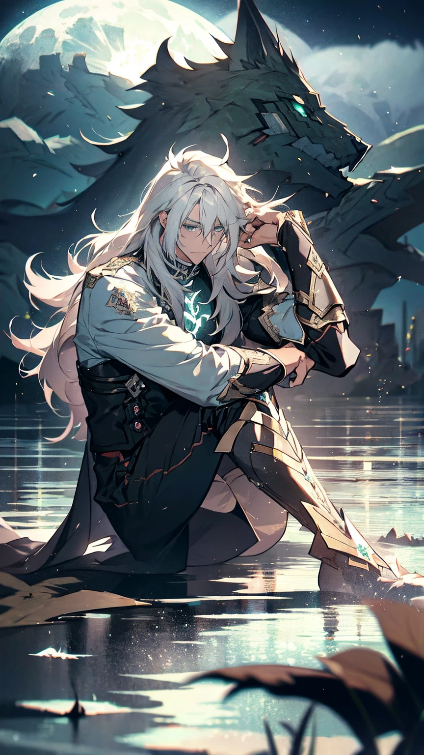 Siegfried,Fate,***ung man, male photo,solo,(portrait),gray long hair,green eyes,moonlight,high quality, Best quality, 8K, ultra detailed,masterpiece