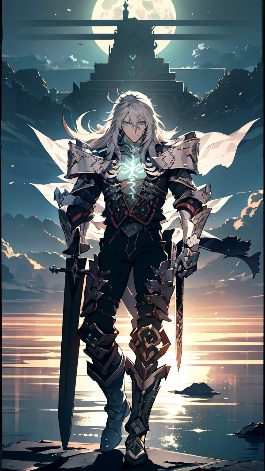 Siegfried,Fate,***ung man, male photo,solo,(portrait),gray long hair,green eyes,moonlight,high quality, Best quality, 8K, ultra detailed,masterpiece