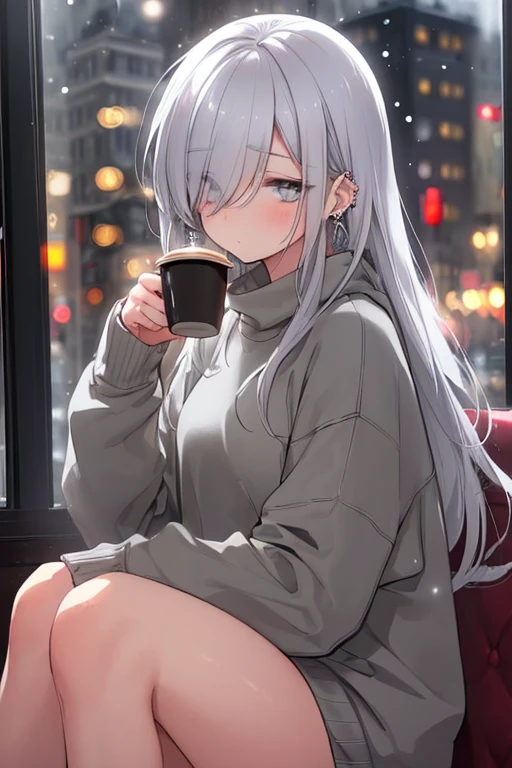 ((masterpiece:1.4, best quality:1.2)), 1girl, solo focus, beautiful skin, blush, grey sweatshirt, long white hair, grey eyes, sitting, earrings, Hands piercing, coffee shop window, night, snowing, cityscape, tall female, beautiful and delicate female, comfy ambience, {detailed background}, hair over one eye, shy, sexy female genitalia