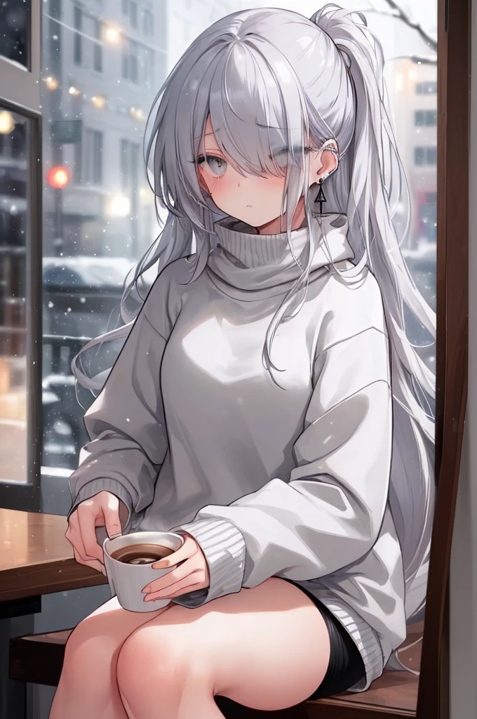 ((masterpiece:1.4, best quality:1.2)), 1girl, solo focus, beautiful skin, blush, grey sweatshirt, long white hair, grey eyes, sitting, earrings, Hands piercing, coffee shop window, night, snowing, cityscape, tall female, beautiful and delicate female, comfy ambience, {detailed background}, hair over one eye, shy, sexy female genitalia