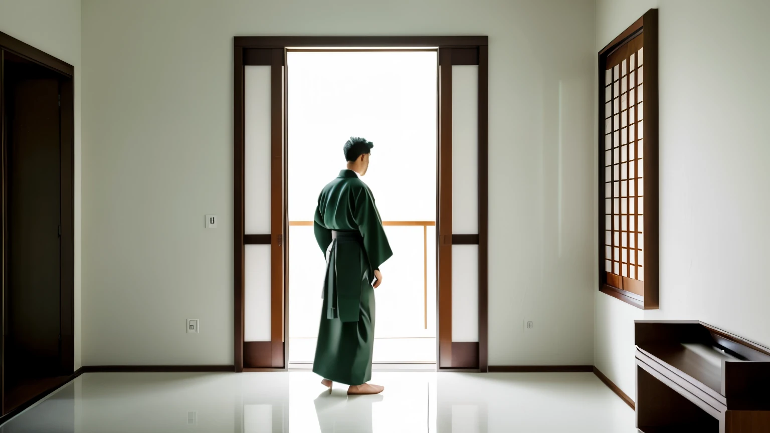 A man wearing a dark green kimono in a room with pure white floors and walls.、standing and looking out the window