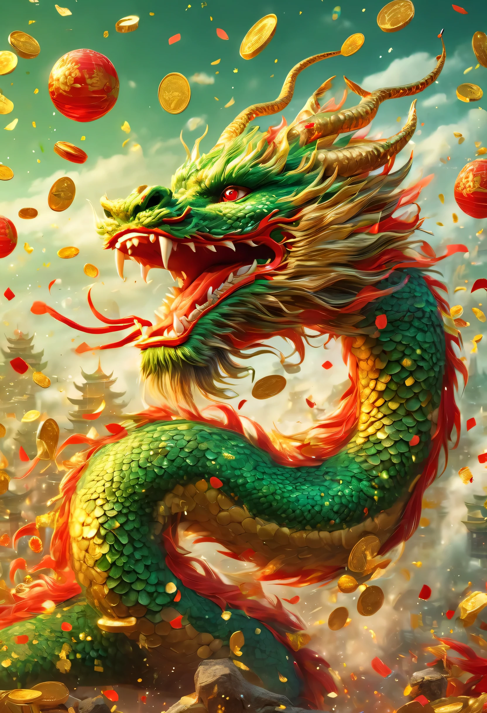 Oriental dragon close-up，big furry head，hairy body，sharp claws，green，color。There are many gold coins in the air，Red and gold confetti flying in the sky，Gold coin rain，A strong festive atmosphere，It was very lively。symmetry