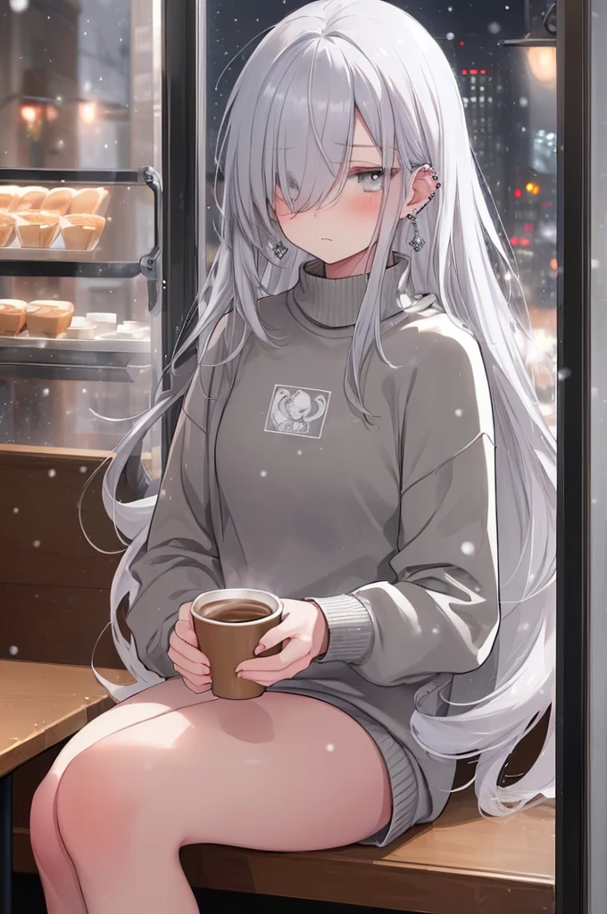 ((masterpiece:1.4, best quality:1.2)), 1girl, solo focus, beautiful skin, blush, grey sweatshirt, long white hair, grey eyes, sitting, earrings, Hands piercing, coffee shop window, night, snowing, cityscape, tall female, beautiful and delicate female, comfy ambience, {detailed background}, hair over one eye, shy, sexy female genitalia