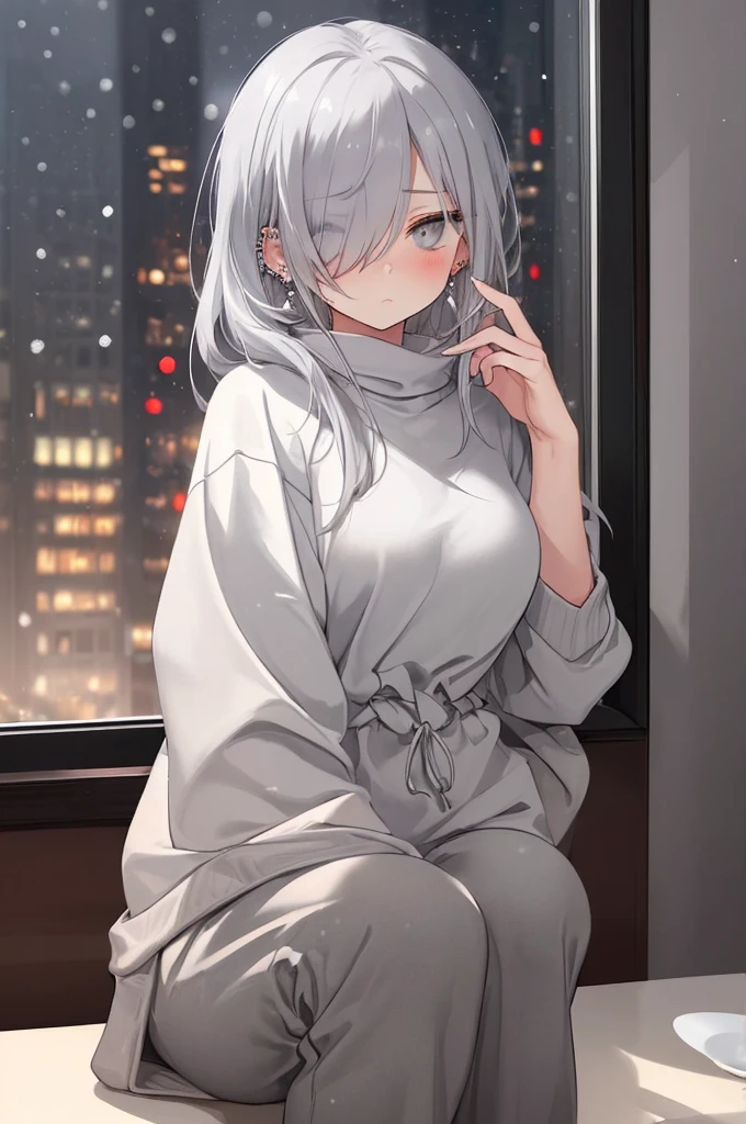 ((masterpiece:1.4, best quality:1.2)), 1girl, solo focus, beautiful skin, blush, grey sweatshirt, long white hair, grey eyes, sitting, earrings, Hands piercing, coffee shop window, night, snowing, cityscape, tall female, beautiful and delicate female, comfy ambience, {detailed background}, hair over one eye, shy, sexy female genitalia