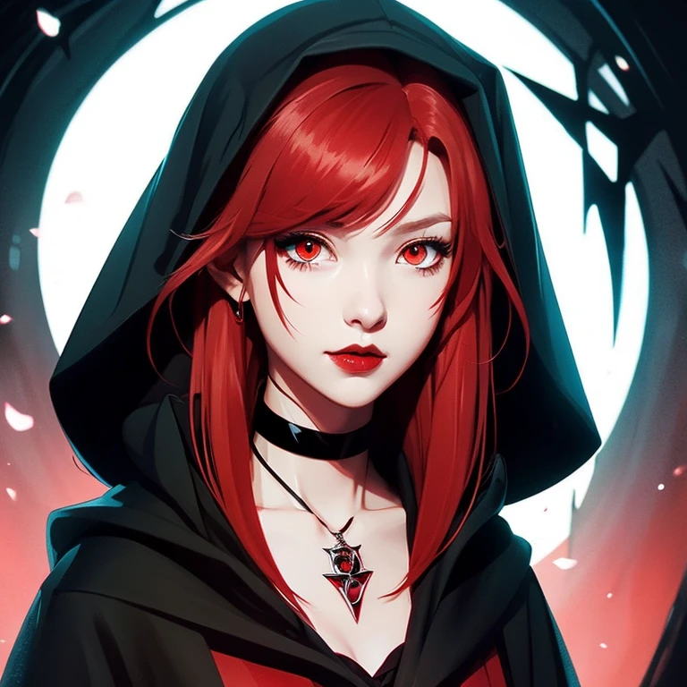 girl with red eyes and red hair。black cloak and choker。red dress and black gloves。An illustration。