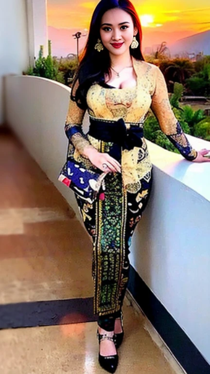 (8k, RAW photo, best quality, masterpiece:1.2),(Sharp Focus: 1.3),(Beautiful Woman with Perfect Figure: 1.4),woman, ((portrait of woman wearing ((kebaya_bali)) in traditional black long kebaya)), red lipstick, gold necklace, earrings, decoration, detail, flowers, blurred background, soft focus,SFW:1.3),(Full Body:1.7),(cute face:1.3),(big breasts:1.5),(high heels:1.3),(big hips1.4), (big thighs:1.3),(covered breasts:1.3),(bust cleavage:1.1),(lipgloss:1.3),(Cute eyes:1.3),(Red lips:1.3),(Smooth skin texture:1.3),( Precise and perfect human anatomy: 1.3),(Beautiful and perfect facial features: 1.3), (Long eyelashes: 1.3),(Red lips: 1.3),(Shiny and textured lips: 1.3),(Smooth skin texture: 1.3),(earrings: 1.3),(Beautiful detailed eyes: 1.3),(Natural Color Lips: 1.3),(Beautiful face: 1.3),(look straight into the camera:1.3),(Desert_sunset_background:1.4)