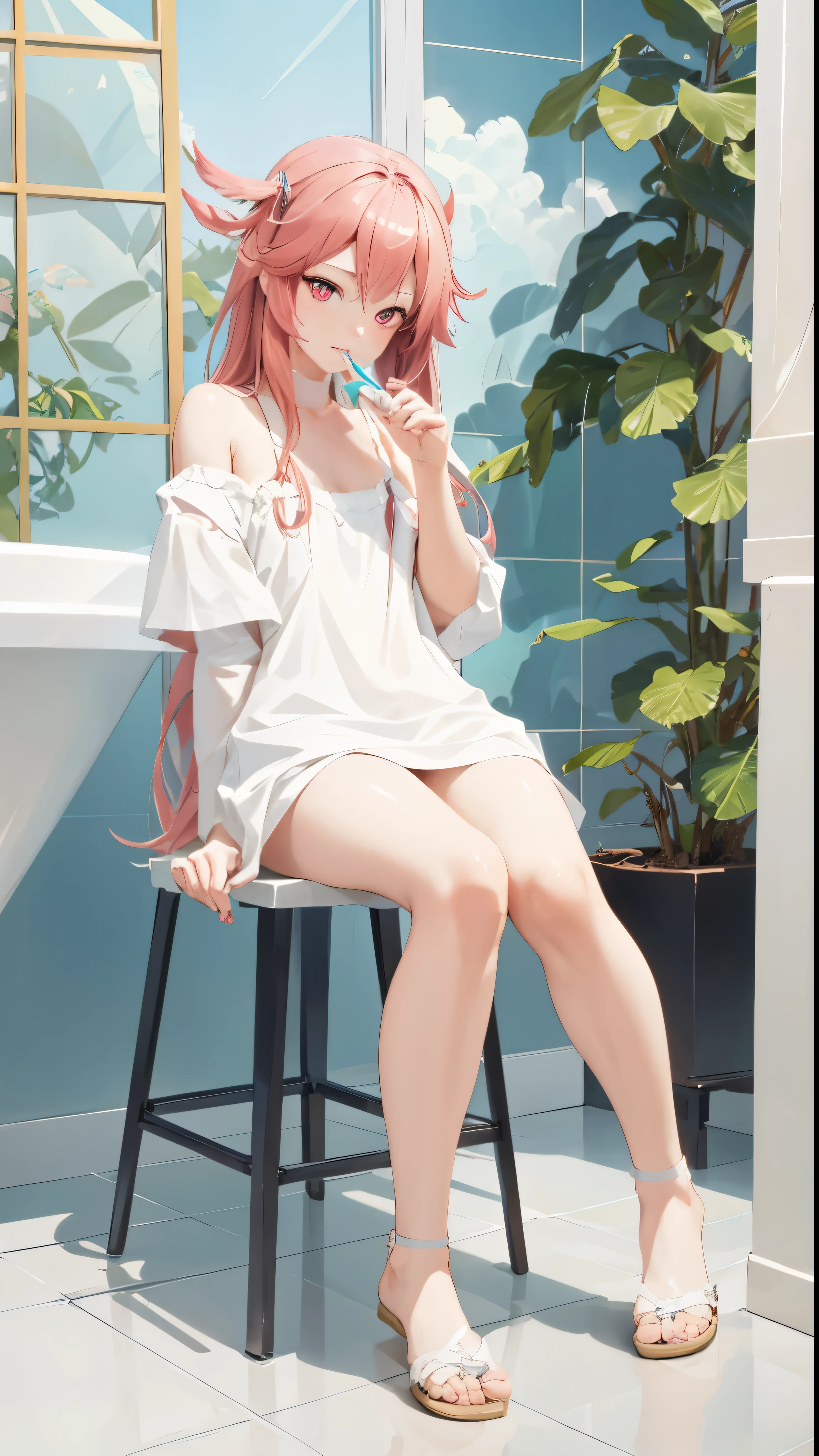 Anime girl sitting on stool brushing teeth in bathroom,(((red eyes:1.3))),Complex eyes,beautiful and delicate eyes,Symmetrical eyes guweiz style artwork, guweiz, Beautiful squatting anime girl, guweiz on pixiv artstation, cute anime girl, squatting anime girl, guweiz on artstation pixiv, by Shitao, Fleet collection style, ， masterpiece:1.8,high resolution, sharp focus, (super detailed, Very detailed), (realistic artwork:1.37),(Very detailed CG unity 8k wallpaper),((Synthwave background theme)),(((bright colors))),(intricate background),(masterpiece),(best quality),