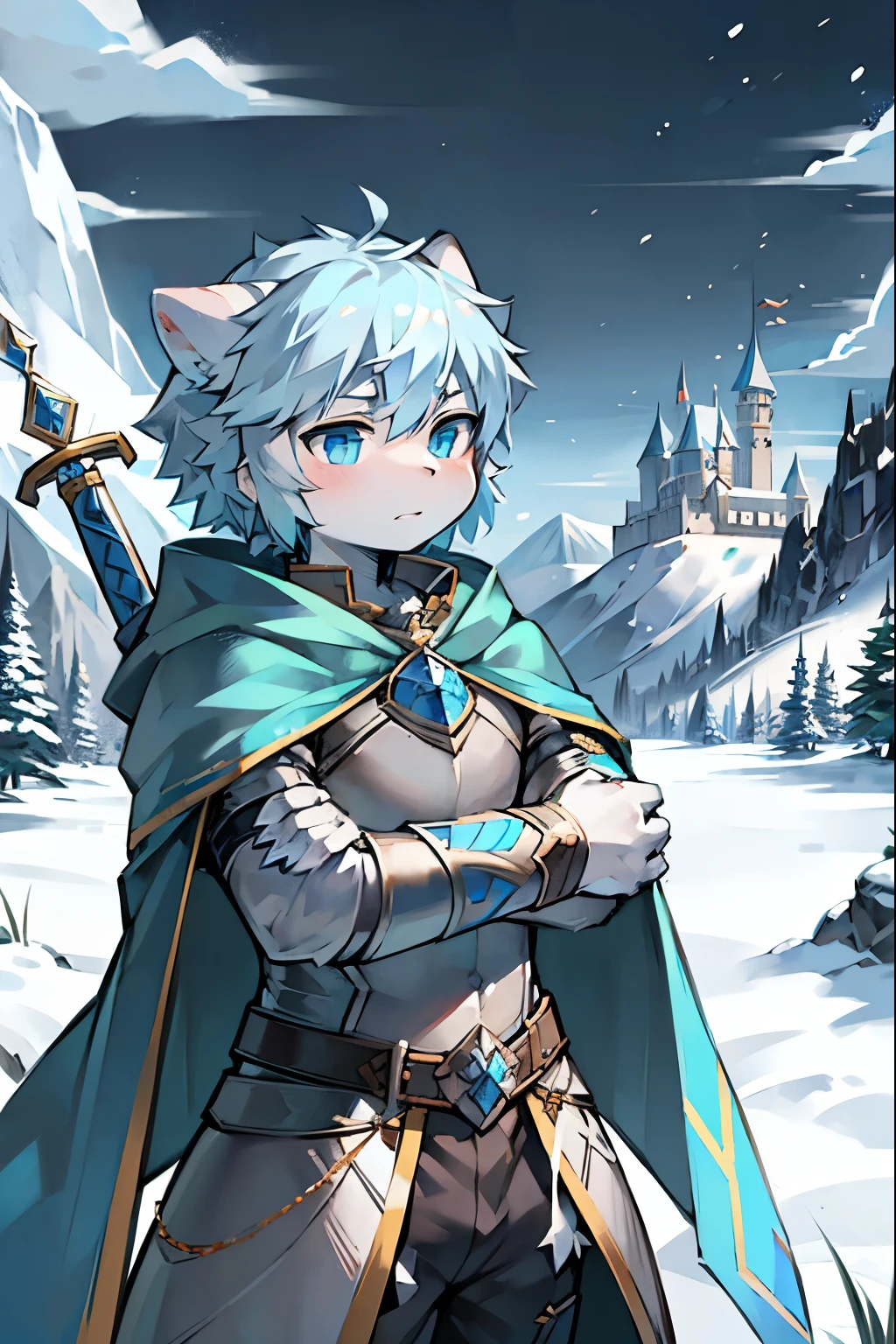 Aqua blue pupils,wearing armor,snow,Holding a long sword,暴风snow,carrying a long sword,Mountain,fluttering cloak,远方的castle,silver armor,Saber at the waist,cloud,violent storms,holding sword,Blue longsword,Knife in waist,Serious expression,骑士holding sword,Blue longsword,Shota,firm eyes,castle