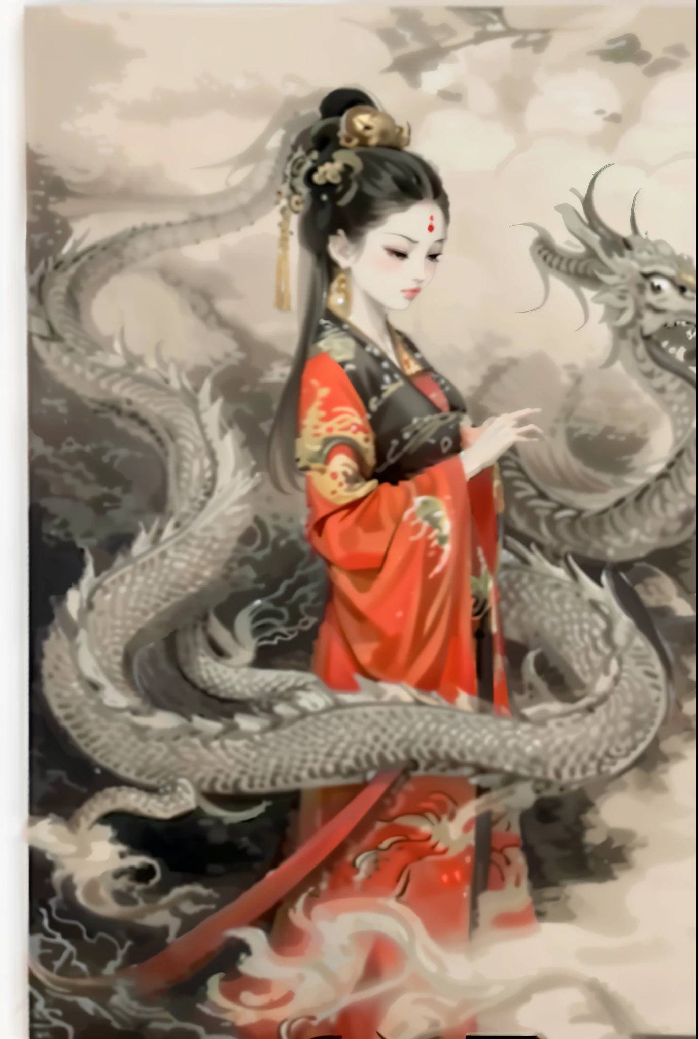 Close-up of a woman in a red dress holding a dragon, Chinese fantasy, Chinese art style, by Qu Leilei, dragon girl, the dragon girl portrait, author:Ni Zhan, author:Yang Jie, author:Qiandu, dragon girl王, by Li Zai, china goddess, by Ni Yuanlu, Chinese mythology, author:Li Kan
