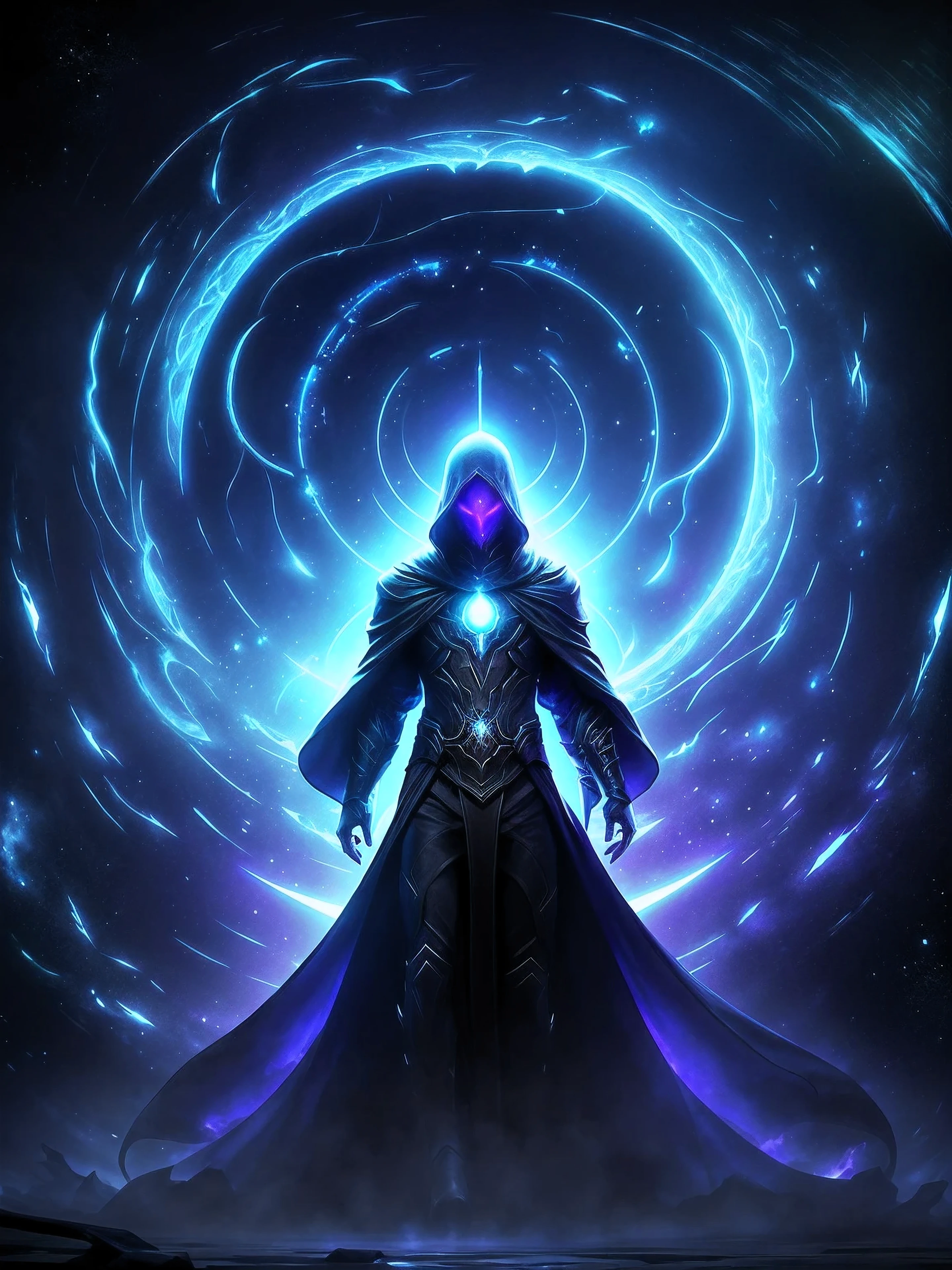 Create an image of Voidwalker, the Sovereign of the Unbound Abyss. Picture a shadowy figure shrouded in an ever-moving cloak of cosmic void, with glowing eyes that pierce through the darkness. The cloak should have an ethereal quality, swirling with cosmic energies. The background should convey a sense of vast emptiness and limitless potential, reflecting Voidwalker's essence. Capture the mysterious and enigmatic aura of this entity, and emphasize the juxtaposition of respect and fear that surrounds them across the cosmos.