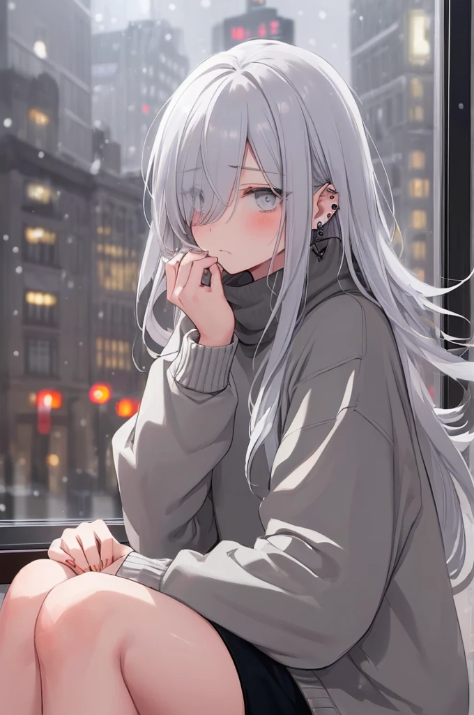 ((masterpiece:1.4, best quality:1.2)), 1girl, solo focus, beautiful skin, blush, grey sweatshirt, long white hair, grey eyes, sitting, earrings, Hands piercing, coffee shop window, night, snowing, cityscape, tall female, beautiful and delicate female, comfy ambience, {detailed background}, hair over one eye, shy, sexy female genitalia