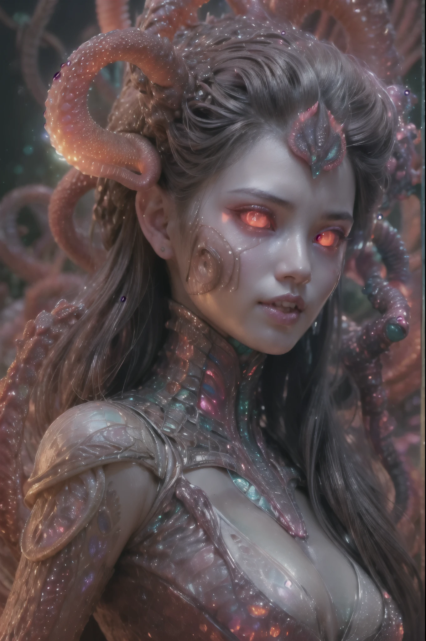 (1 beautiful and obscene female alien:1.4), (There is a female genital-like organ in the middle of her forehead:1.95), She has medusa-like hair, (there are lots of translucent tentacles from her head like her hair:1.5), (vulgarity1.7), (she is looking down at viewers with glowing red eyes with no pupils:1.6), (She has translucent pale skin:1.4),(She has the most beautiful face in the history of the universe:1.2), (She has multiple bioluminescent organs on the side of her tentacles:1.4), (Her body is covered with an iridescent exoskeleton:1.4), (She is showing her arm pits:1.6), an evil gaze that seduces, (looking down at viewers:1.4),(Vampire-like long canine teeth can be glimpsed through the gap between the cute lips:1.4) (bio luminescent:1.4), (Smile wickedly:1.3), (sexypose:1.4), alien, No humans, cells are fused, extraterrestrial, cell, bio image, ultra high resolution, (photos realistic:1.7), (Numerous award-winning masterpieces, with incredible detail, textures and maximum detail), Dramatic Lighting, cinematic quality, (exquisite details:1.2), High freshness, drawing faithfully, (Thick eyebrows:1.2), Beautiful eyes with fine symmetry,(Highly detailed face and eyes:1.2),(Super detailed skin quality feeling:1.4), perfect anatomy, (Beautiful toned body:1.5), (Moist skin:1.2), not wearing makeup, (dark circles:1.1), long canines, cinematic drawing of characters, cinematic quality, (exquisite details:1.2), high resolution, High freshness, drawing faithfully, official art, Unity 8K Wall paper, ultra detailed artistic photography, midnight aura, unreal engine 5, Ultra Sharp Focus, art by Amano Yoshitaka, ArtGerm, ultra realistic realism, dream-like, Creation of fantasy, dream Snail, (biopunk nautilus:1.3),Thrilling color schemes, seductively smiling, Amazing mutation, well-proportioned body, goddess of the deep sea, fractal, Geometric pattern, impossible figures, subtle emerald green accents, (expression of ecstasy:1.4), (beautiful small breast and nipples:1.2)