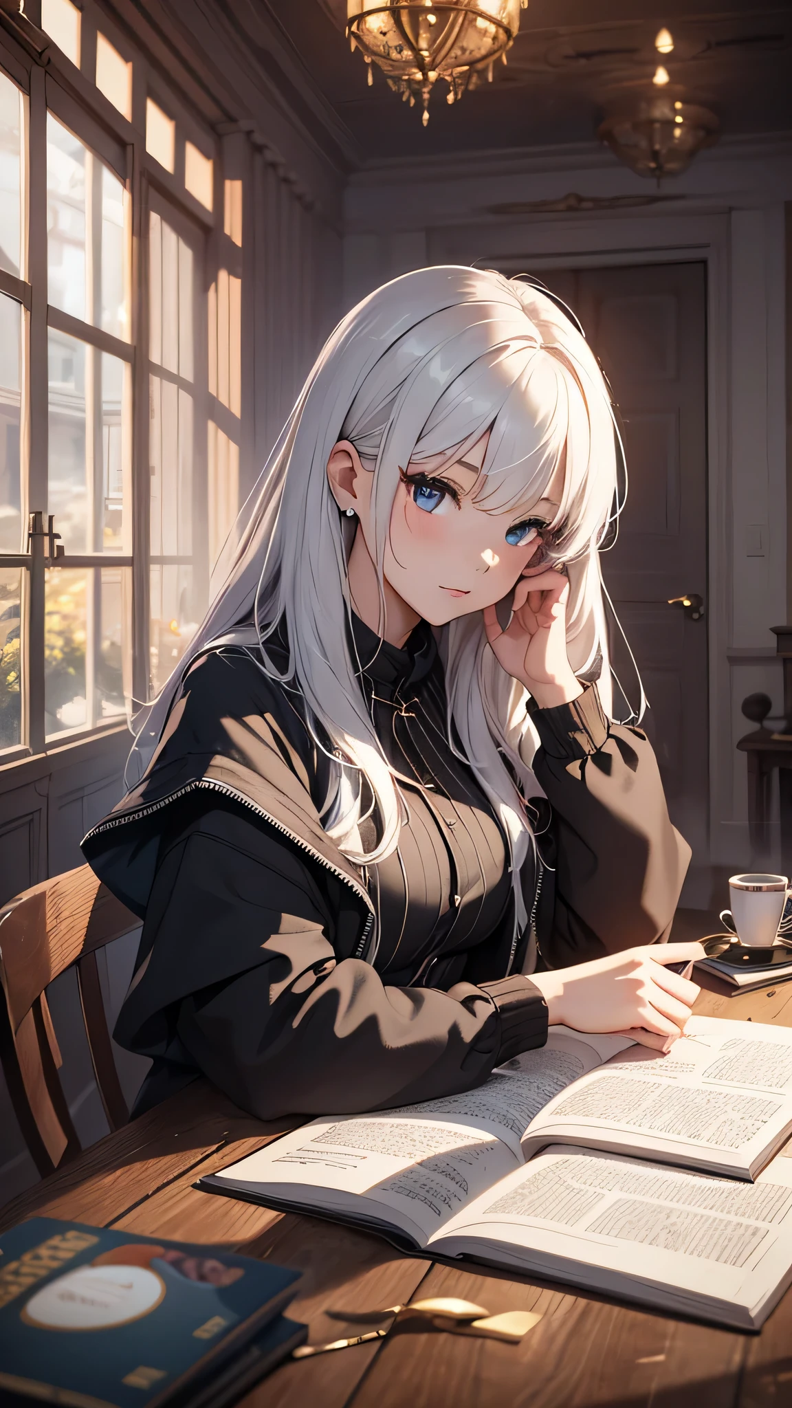 最high quality、best image quality、masterpiece、teenage girl((18-year-old、 By becoming、vest bust、medium bust,wide open breast tea、black eye, gray hair、long hair、thin,highest valley、black shirt、blue cloak、red pants)),high quality、beautiful art、background((Mysterious Room))debris flies、Depth of written boundary、movie、visual art、perfect art、8K,genuine