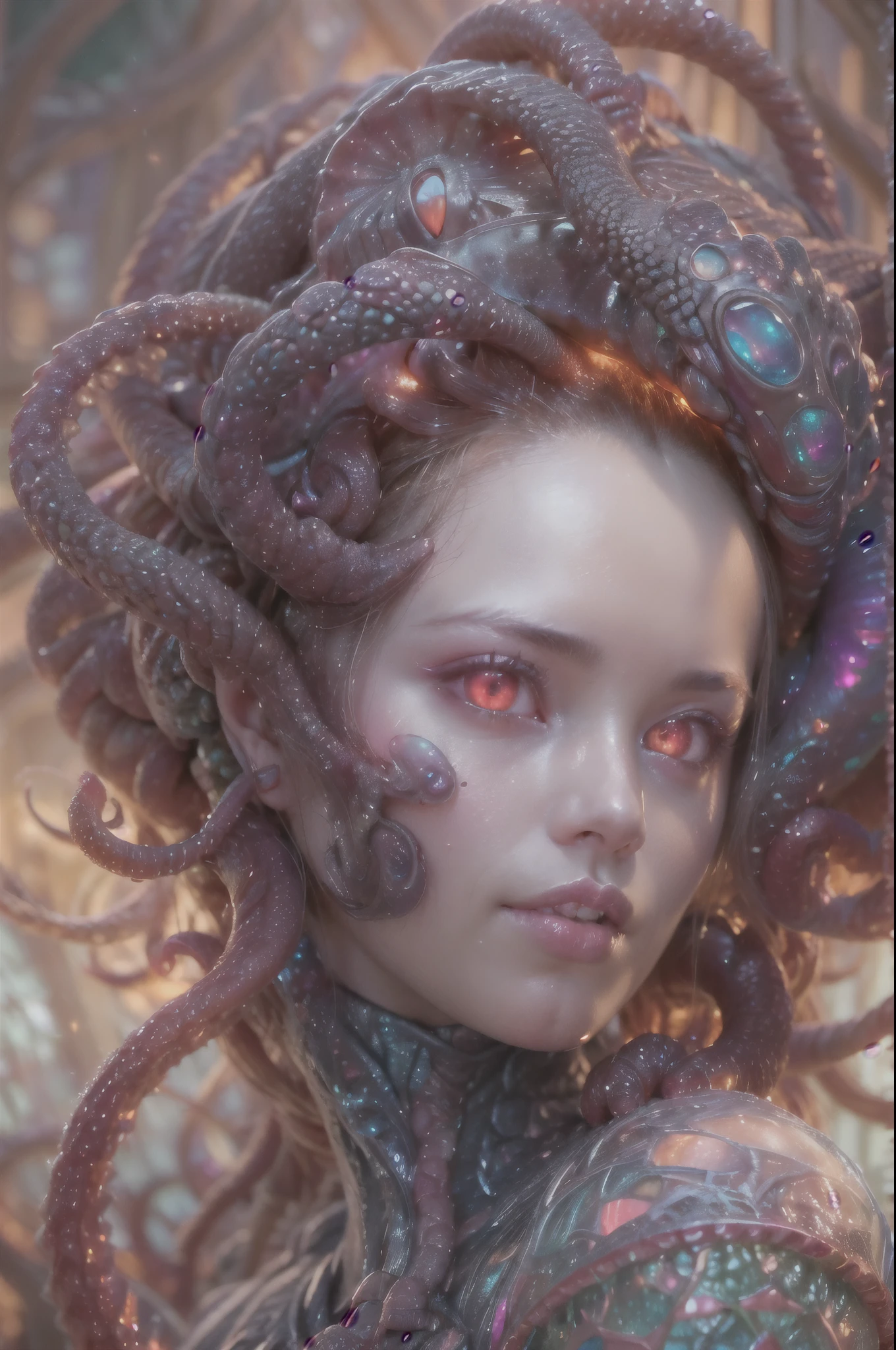 (1 beautiful and obscene female alien:1.4), (There is a female genital-like organ in the middle of her forehead:1.95), She has medusa-like hair, (there are lots of translucent tentacles from her head like her hair:1.5), (vulgarity1.7), (she is looking down at viewers with glowing red eyes with no pupils:1.6), (She has translucent pale skin:1.4),(She has the most beautiful face in the history of the universe:1.2), (She has multiple bioluminescent organs on the side of her tentacles:1.4), (Her body is covered with an iridescent exoskeleton:1.4), (She is showing her arm pits:1.6), an evil gaze that seduces, (looking down at viewers:1.4),(Vampire-like long canine teeth can be glimpsed through the gap between the cute lips:1.4) (bio luminescent:1.4), (Smile wickedly:1.3), (sexypose:1.4), alien, No humans, cells are fused, extraterrestrial, cell, bio image, ultra high resolution, (photos realistic:1.7), (Numerous award-winning masterpieces, with incredible detail, textures and maximum detail), Dramatic Lighting, cinematic quality, (exquisite details:1.2), High freshness, drawing faithfully, (Thick eyebrows:1.2), Beautiful eyes with fine symmetry,(Highly detailed face and eyes:1.2),(Super detailed skin quality feeling:1.4), perfect anatomy, (Beautiful toned body:1.5), (Moist skin:1.2), not wearing makeup, (dark circles:1.1), long canines, cinematic drawing of characters, cinematic quality, (exquisite details:1.2), high resolution, High freshness, drawing faithfully, official art, Unity 8K Wall paper, ultra detailed artistic photography, midnight aura, unreal engine 5, Ultra Sharp Focus, art by Amano Yoshitaka, ArtGerm, ultra realistic realism, dream-like, Creation of fantasy, dream Snail, (biopunk nautilus:1.3),Thrilling color schemes, seductively smiling, Amazing mutation, well-proportioned body, goddess of the deep sea, fractal, Geometric pattern, impossible figures, subtle emerald green accents, (expression of ecstasy:1.4), (beautiful small breast and nipples:1.2)