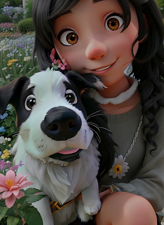 A beautiful girl with straight black hair hugging a black and white dog in a flower garden