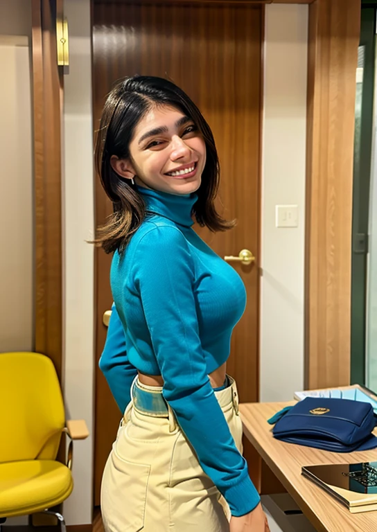 miak, a woman smiling miak, a woman wearing turtleneck shirt in office 