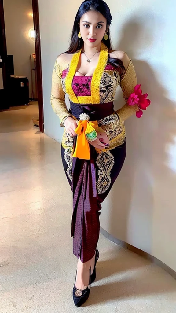 (8k, RAW photo, best quality, masterpiece:1.2),(Sharp Focus: 1.3),(Beautiful Woman with Perfect Figure: 1.4),woman, ((portrait of woman wearing ((kebaya_bali)) in traditional black long kebaya)), red lipstick, gold necklace, earrings, decoration, detail, flowers, blurred background, soft focus,SFW:1.3),(Full Body:1.7),(cute face:1.3),(big breasts:1.5),(high heels:1.3),(big hips1.4), (big thighs:1.3),(covered breasts:1.3),(bust cleavage:1.1),(lipgloss:1.3),(Cute eyes:1.3),(Red lips:1.3),(Smooth skin texture:1.3),( Precise and perfect human anatomy: 1.3),(Beautiful and perfect facial features: 1.3), (Long eyelashes: 1.3),(Red lips: 1.3),(Shiny and textured lips: 1.3),(Smooth skin texture: 1.3),(earrings: 1.3),(Beautiful detailed eyes: 1.3),(Natural Color Lips: 1.3),(Beautiful face: 1.3),(look straight into the camera:1.3)