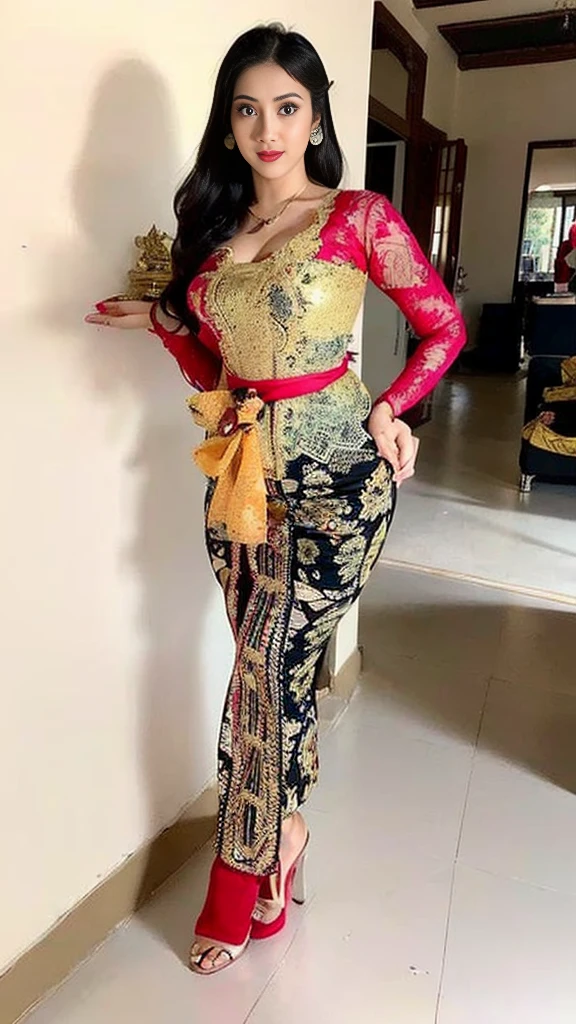 (8k, RAW photo, best quality, masterpiece:1.2),(Sharp Focus: 1.3),(Beautiful Woman with Perfect Figure: 1.4),woman, ((portrait of woman wearing ((kebaya_bali)) in traditional black long kebaya)), red lipstick, gold necklace, earrings, decoration, detail, flowers, blurred background, soft focus,SFW:1.3),(Full Body:1.7),(cute face:1.3),(big breasts:1.5),(high heels:1.3),(big hips1.4), (big thighs:1.3),(covered breasts:1.3),(bust cleavage:1.1),(lipgloss:1.3),(Cute eyes:1.3),(Red lips:1.3),(Smooth skin texture:1.3),( Precise and perfect human anatomy: 1.3),(Beautiful and perfect facial features: 1.3), (Long eyelashes: 1.3),(Red lips: 1.3),(Shiny and textured lips: 1.3),(Smooth skin texture: 1.3),(earrings: 1.3),(Beautiful detailed eyes: 1.3),(Natural Color Lips: 1.3),(Beautiful face: 1.3),(look straight into the camera:1.3)