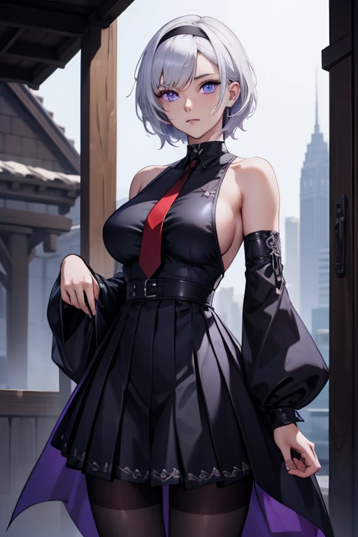 azurelanereno, reno, (purple eyes:1.1), short hair, white hair,
BREAK bare shoulders, belt, black belt, black dress, black hairband, detached sleeves, dress, hair ornament, hairband, necktie, pantyhose, pleated dress, sideboob, white hair, red necktie, choker,
BREAK looking at viewer,
BREAK outdoors,
BREAK (masterpiece:1.2), best quality, high resolution, unity 8k wallpaper, (illustration:0.8), (beautiful detailed eyes:1.6), extremely detailed face, perfect lighting, extremely detailed CG, (perfect hands, perfect anatomy),