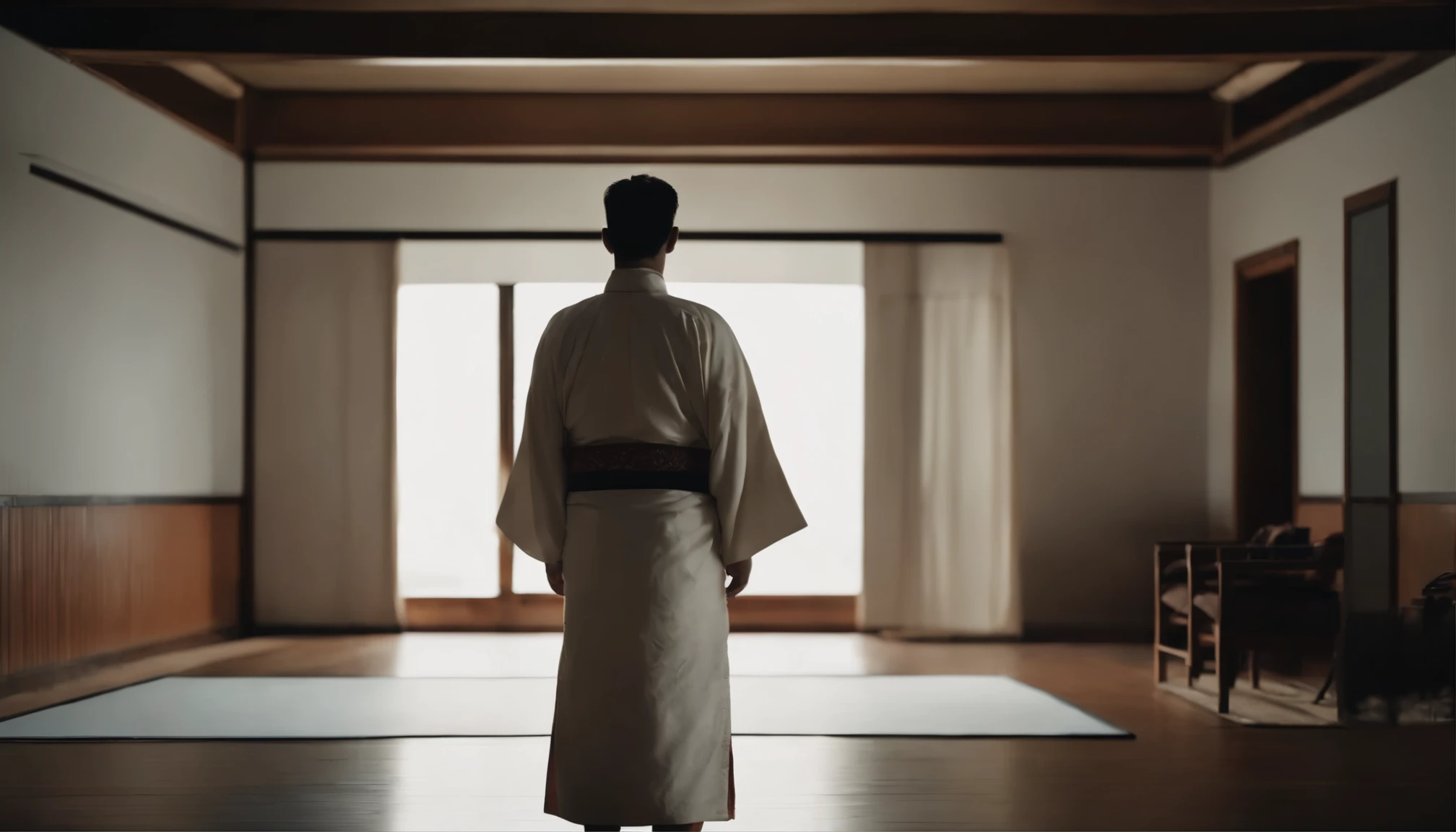 A man stands in a room with white walls. He is wearing a kimono.