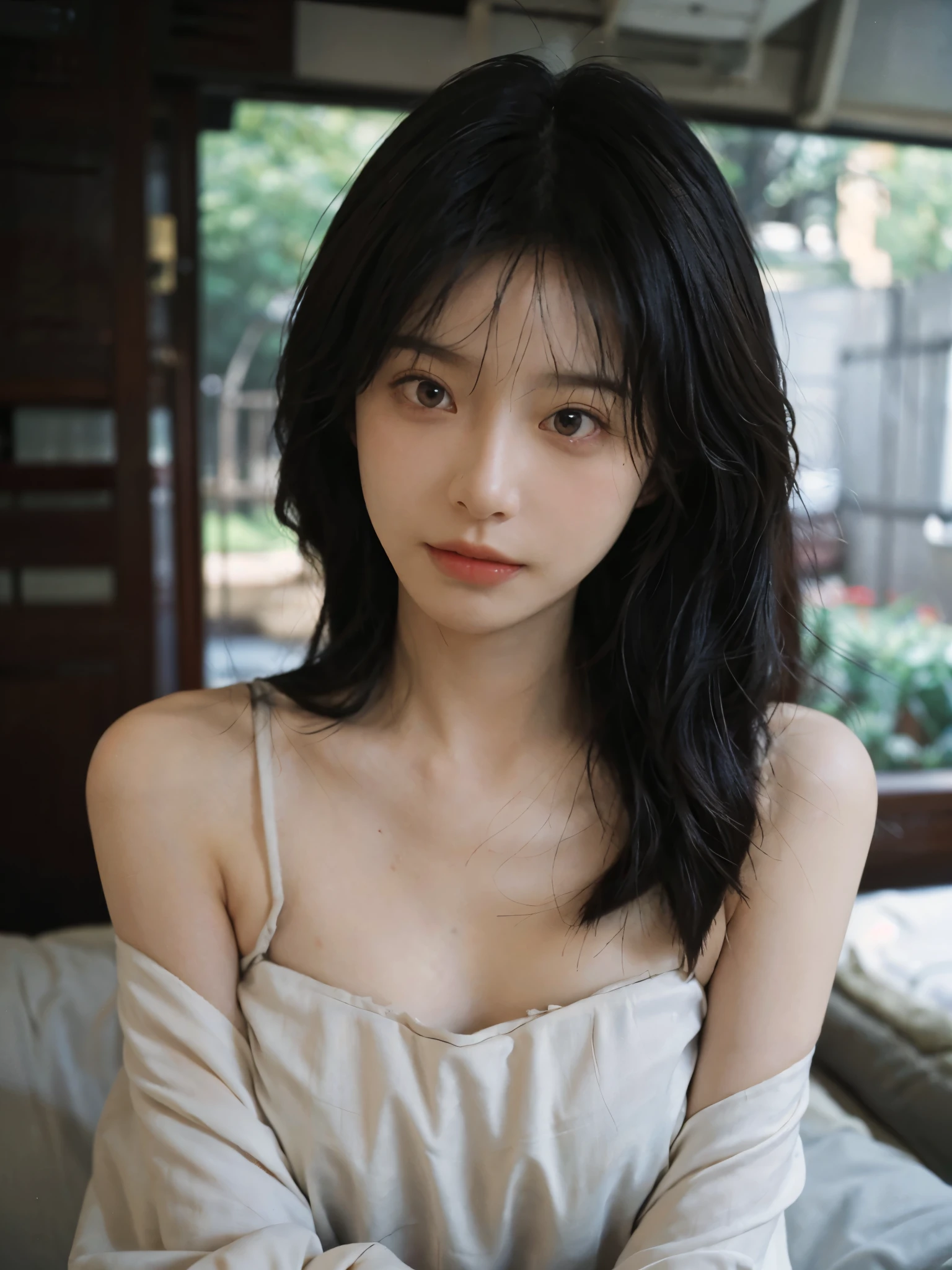 Film portrait photography, 2 girls, bare shoulders, Shoulder length wavy hair，Acting cute, serene, calm, (Realistic and detailed eyes, natural skin texture, Realistic facial details), Soft dramatic lighting, depth of field, Bokeh, Vibrant details, Detailed and detailed, surreal, 35mm film, hazy, ,