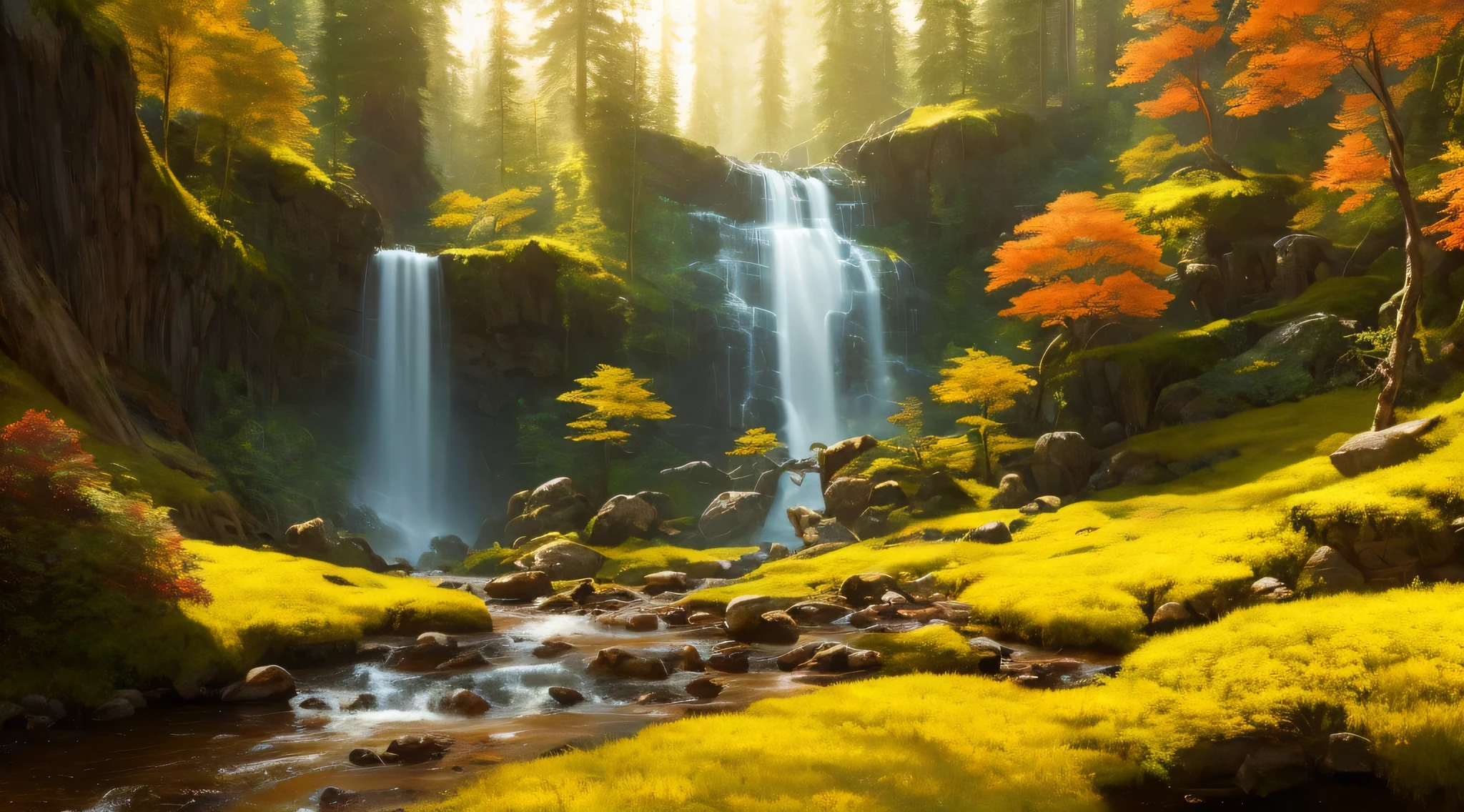 ChromaV5, (extremely detailed CG unity 8k wallpaper),
A Landscape of a stream in a majestic forest surrounded by lush yellow alders, panoramic view, wide angle shot, 28mm lens,
award winning photography, Chromatic Aberration, Detailed , HDR, Bloom,majestic oil painting by , Thomas Cole, Frederic Church, and Albert Bierstadt ,trending on artstation, trending on CGsociety, Intricate, High Detail, dramatic, art by midjourney